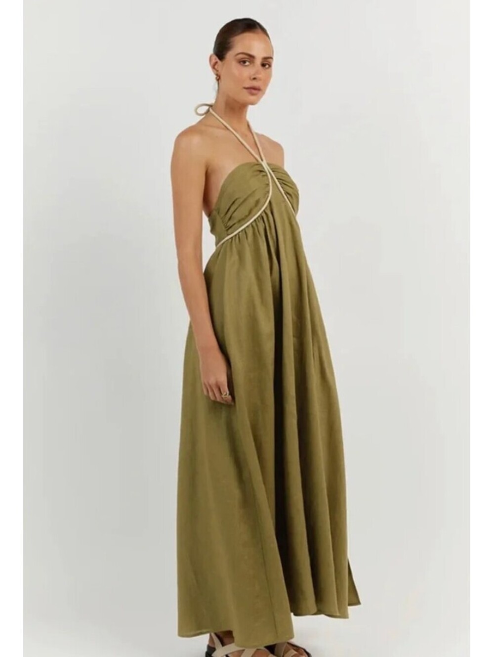 DISSH Gina Olive 100% Linen Halter Midi Dress Gathered Green US 2 AU 6 NWT